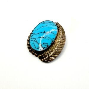 Vintage 90s Taxco Mexico Sterling Silver Turquoise Signed Leaf Pin Pendant